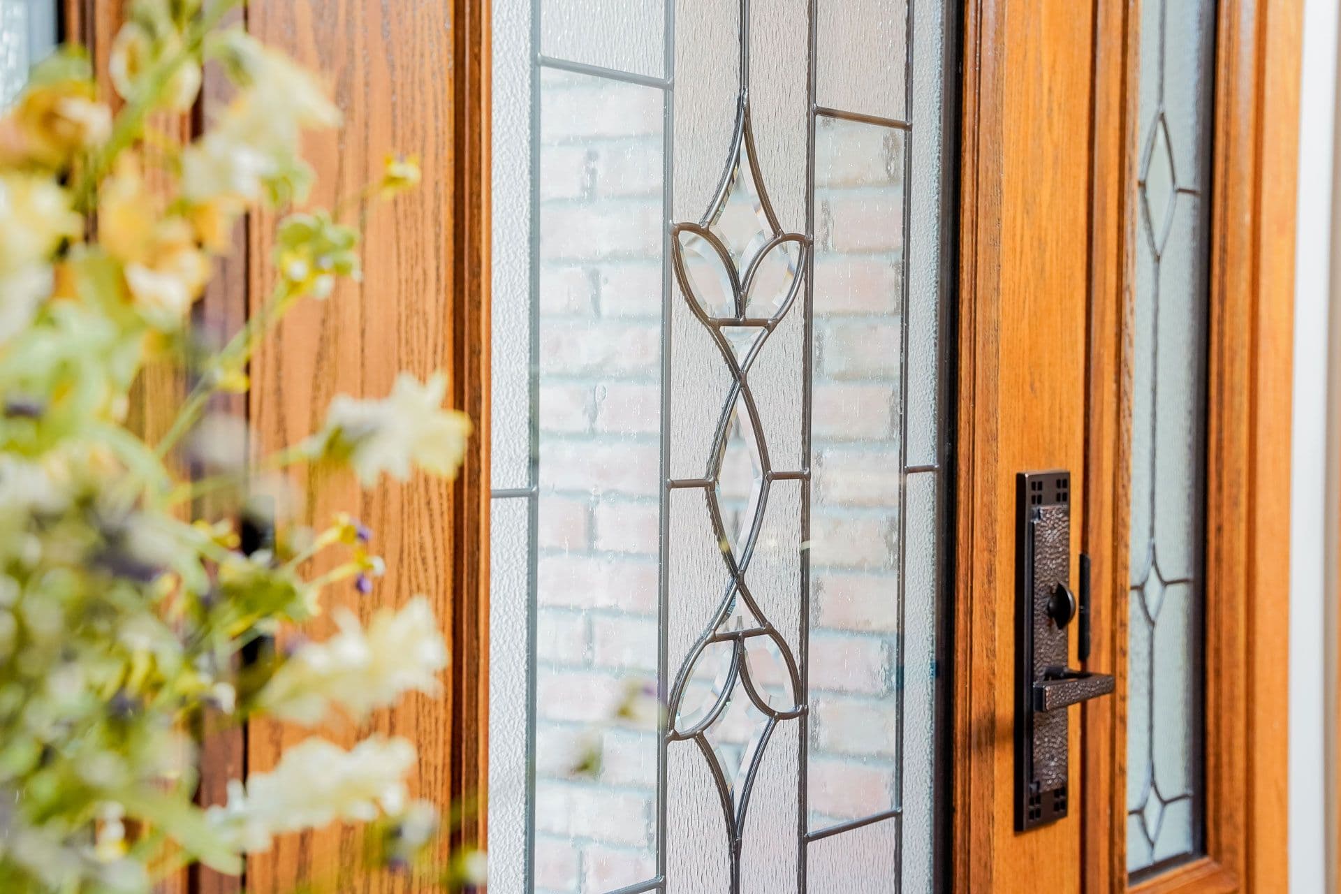 ProVia signet oak front door in caramel with Esmond decorative glass